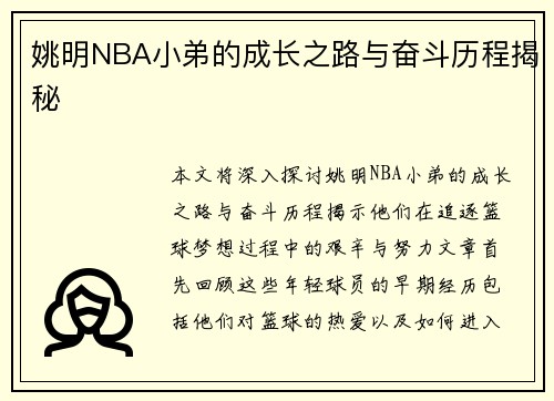 姚明NBA小弟的成长之路与奋斗历程揭秘